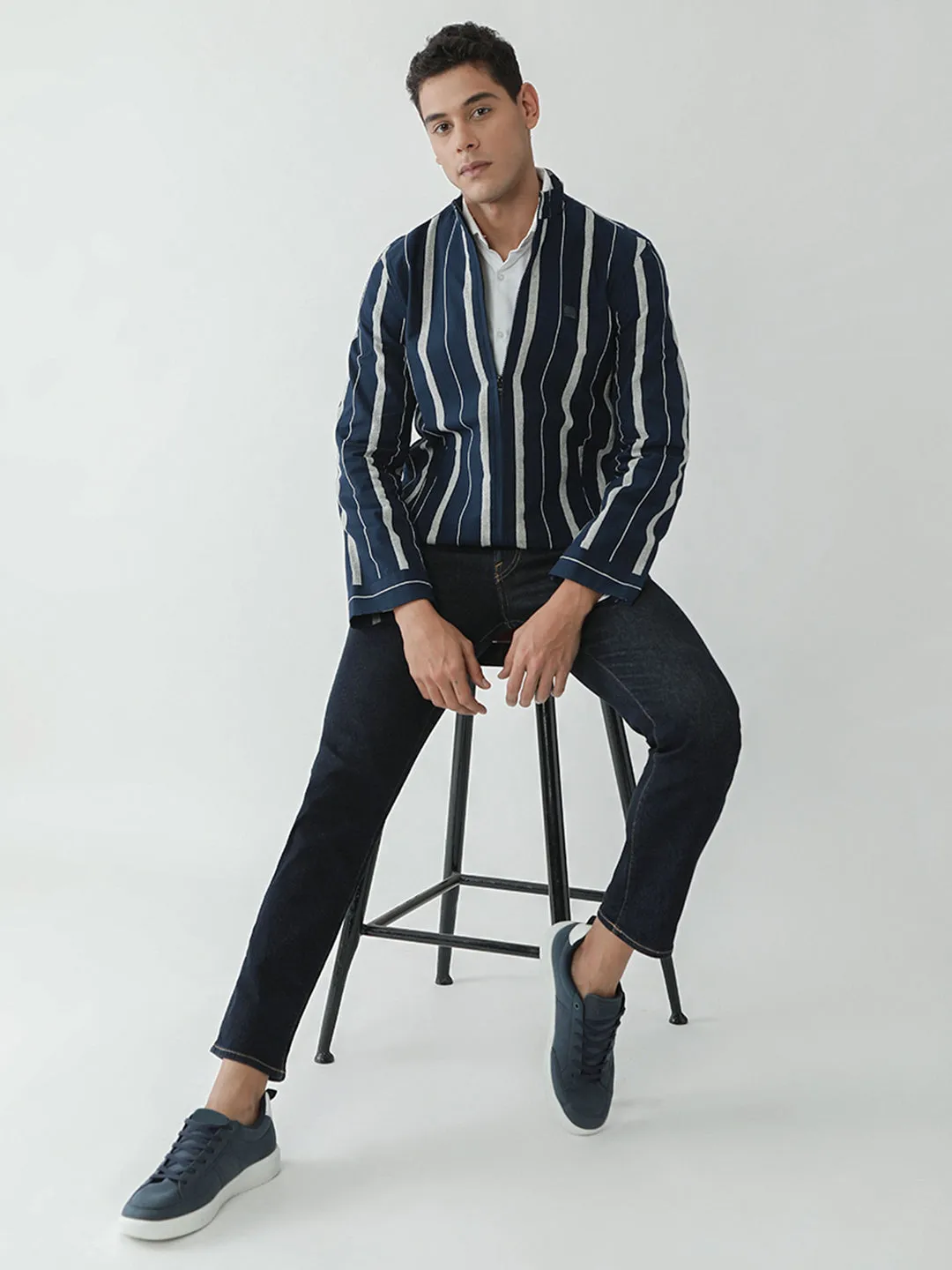 Navy Striped Zipper Jacket