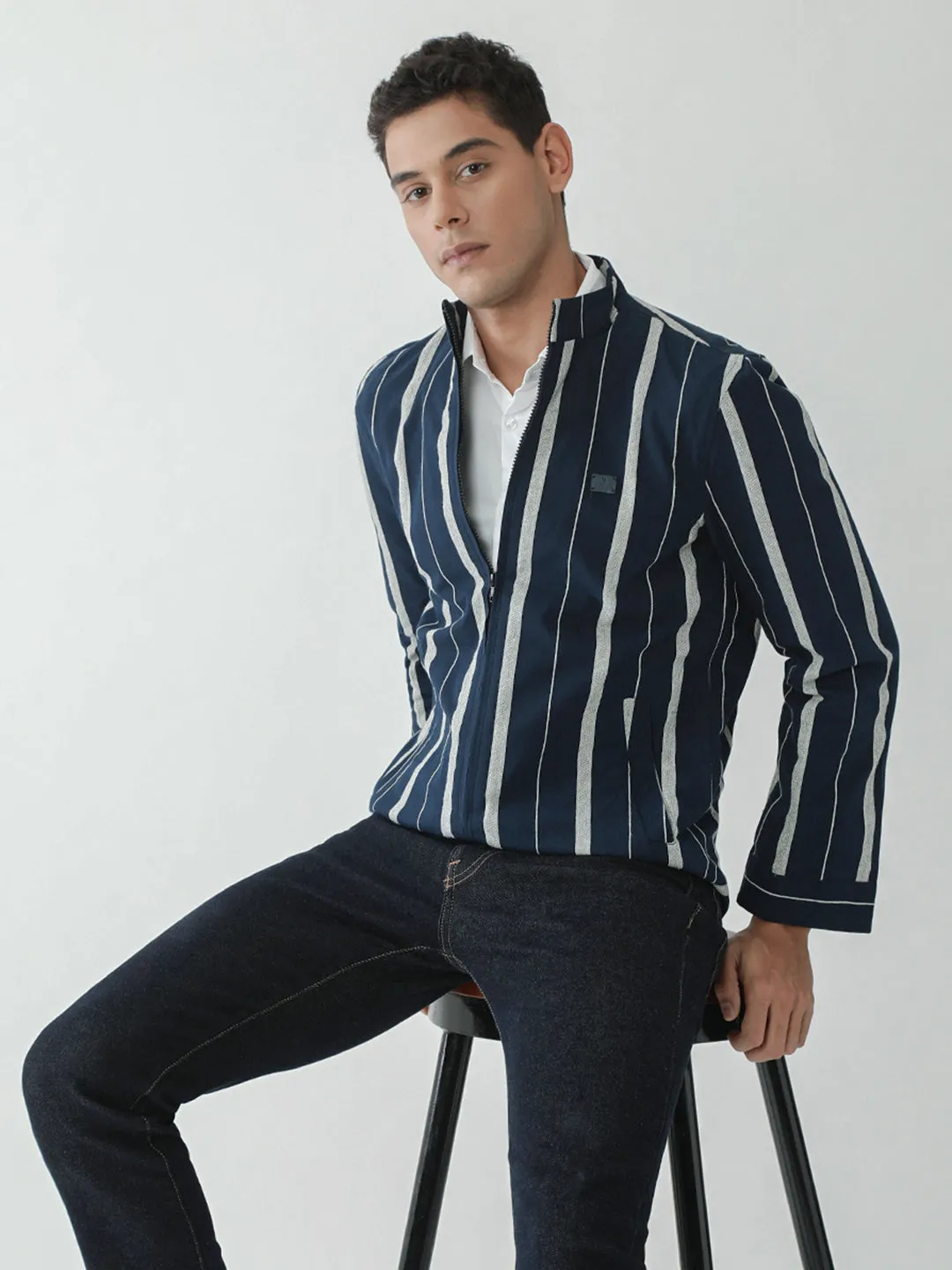 Navy Striped Zipper Jacket