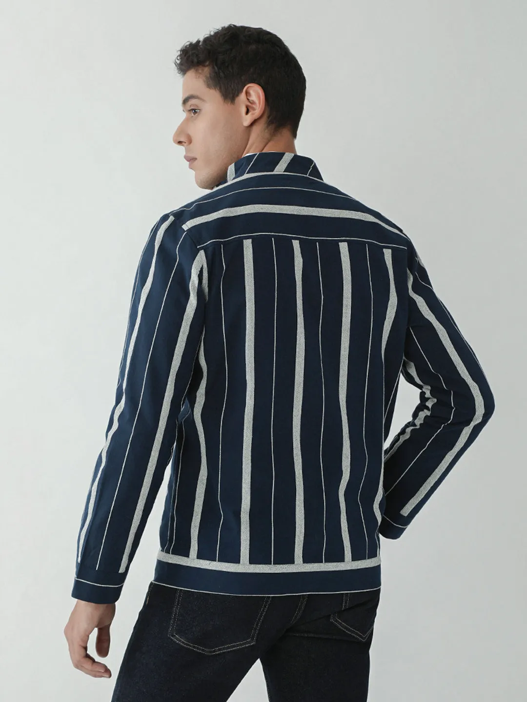 Navy Striped Zipper Jacket