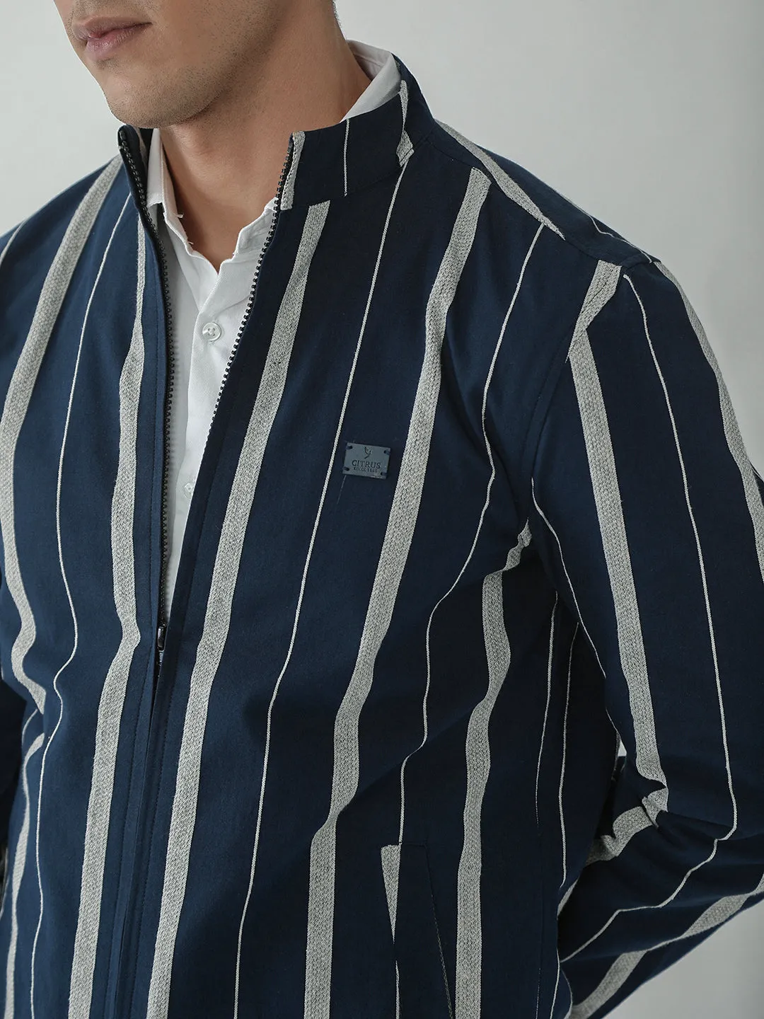 Navy Striped Zipper Jacket