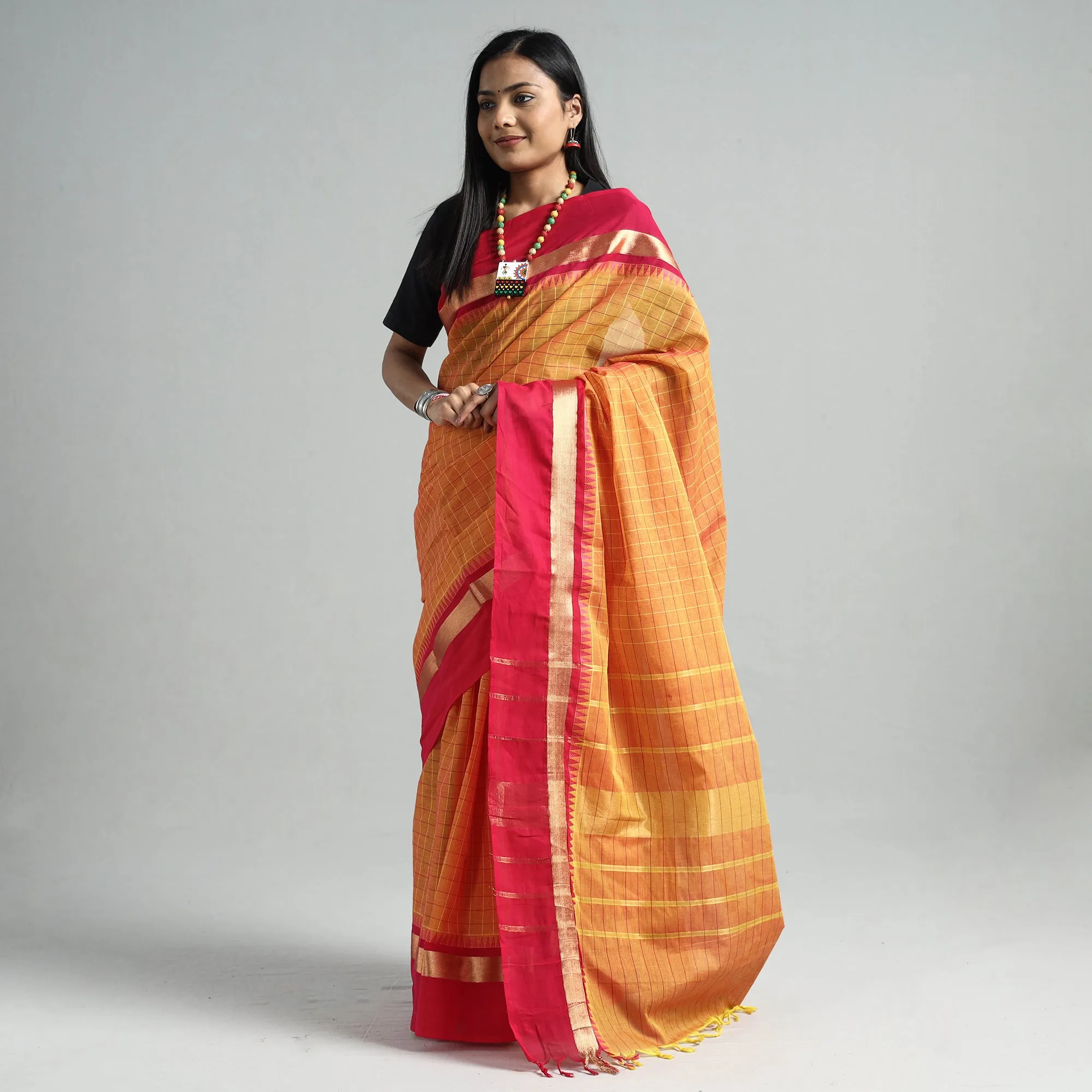 Orange - Traditional Chettinad Kandangi Cotton Saree with Zari Border