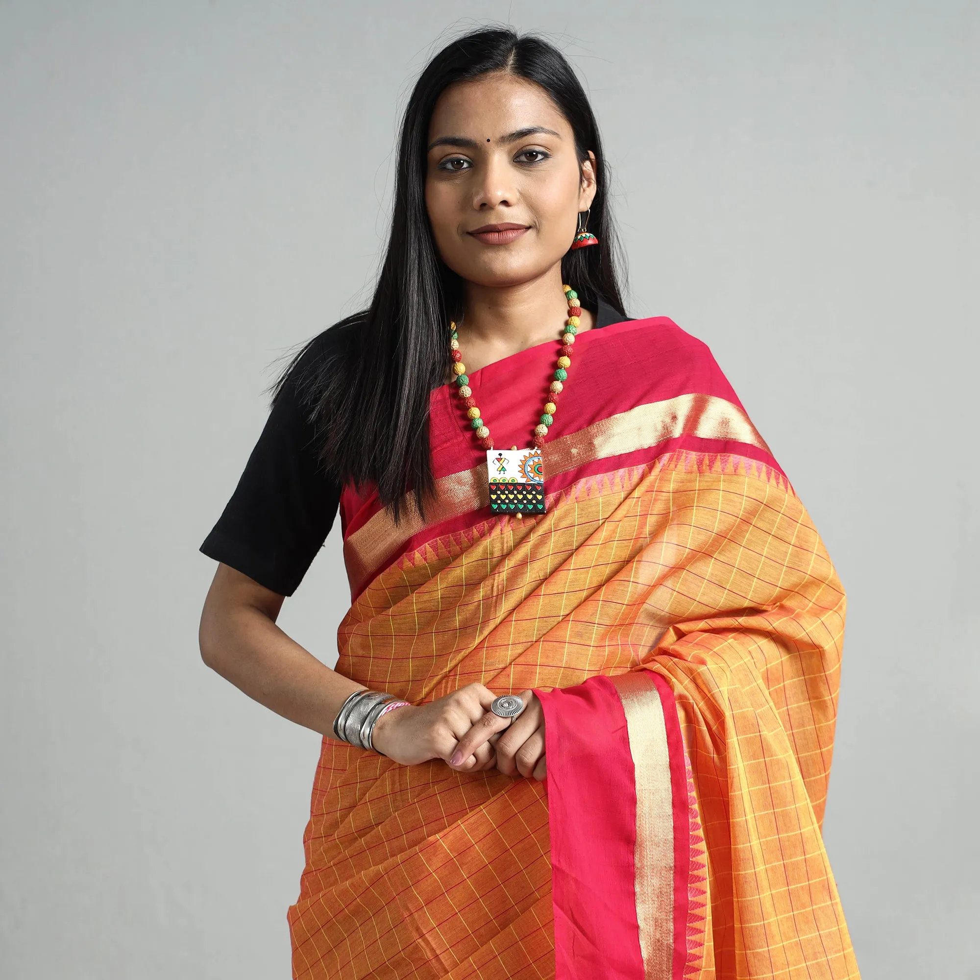 Orange - Traditional Chettinad Kandangi Cotton Saree with Zari Border