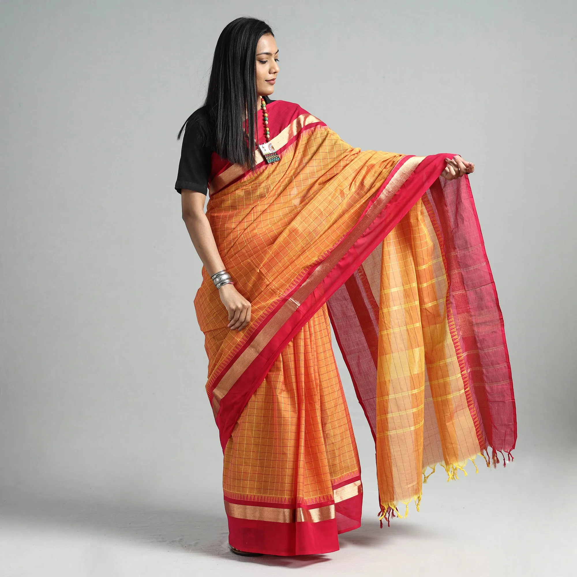 Orange - Traditional Chettinad Kandangi Cotton Saree with Zari Border