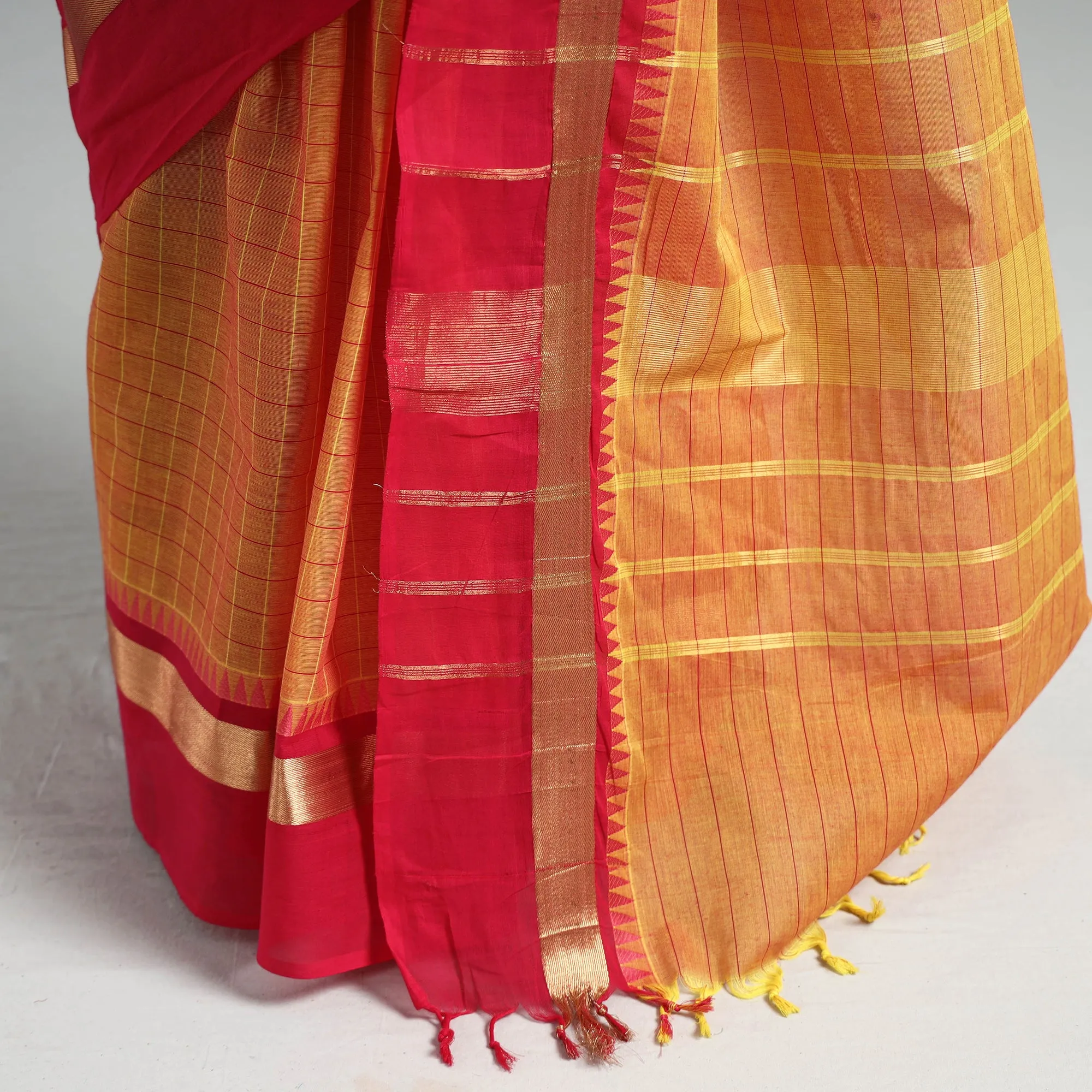 Orange - Traditional Chettinad Kandangi Cotton Saree with Zari Border