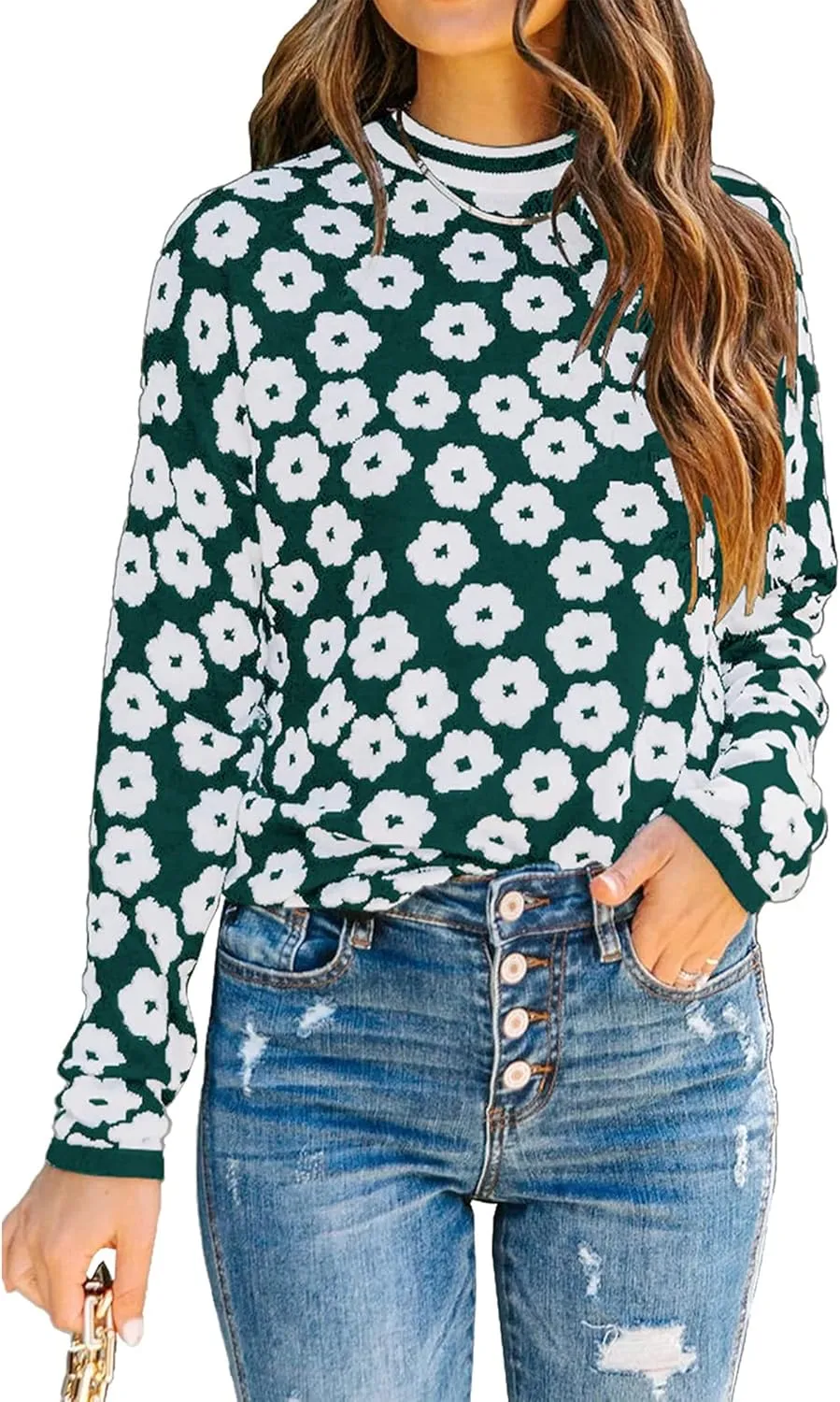 PRETTYGARDEN Women's Knit Floral Print Sweater Crewneck Long Sleeve Lightweight Pullover Sweatshirt