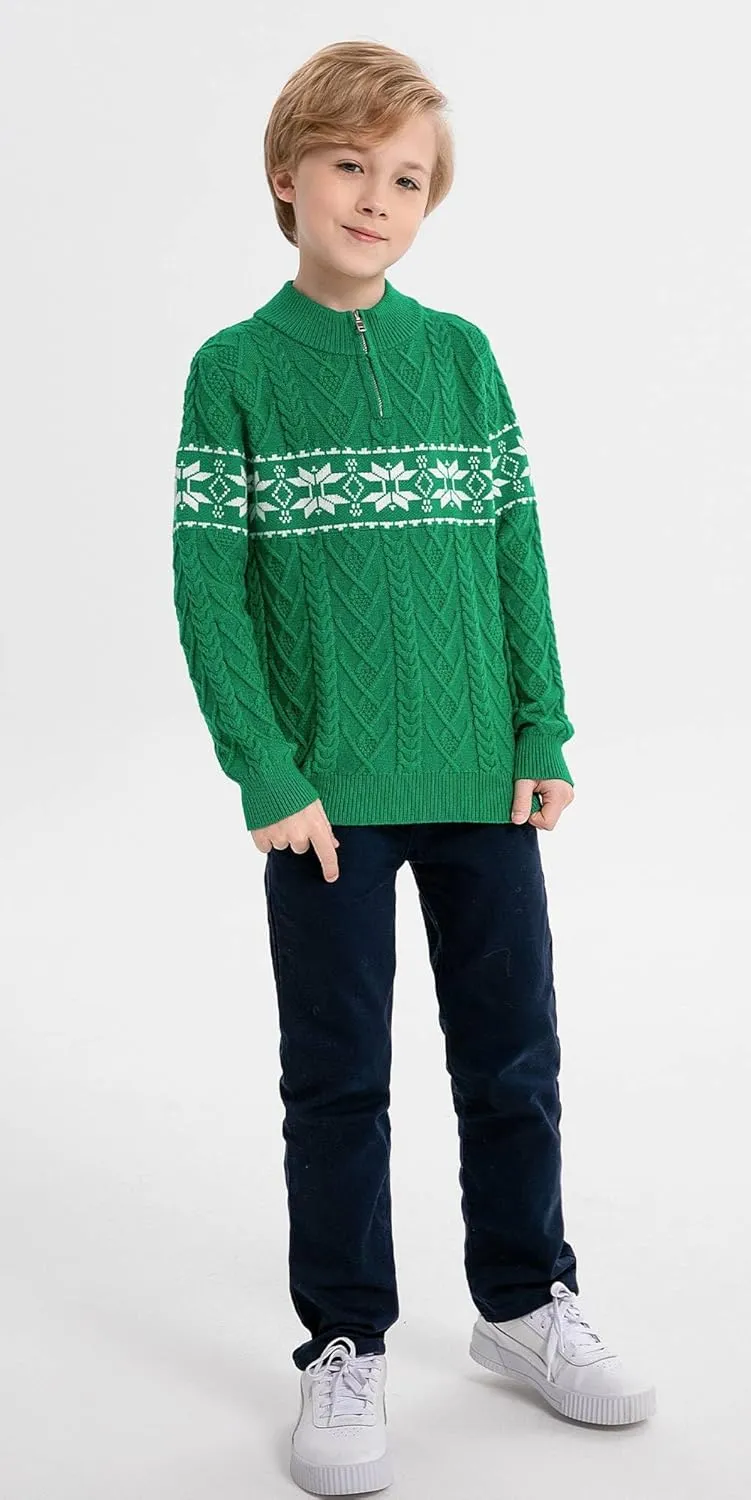 SMILING PINKER Boys Christmas Sweater Cable Knit Half Zip Mock Neck Snowflake Pullover