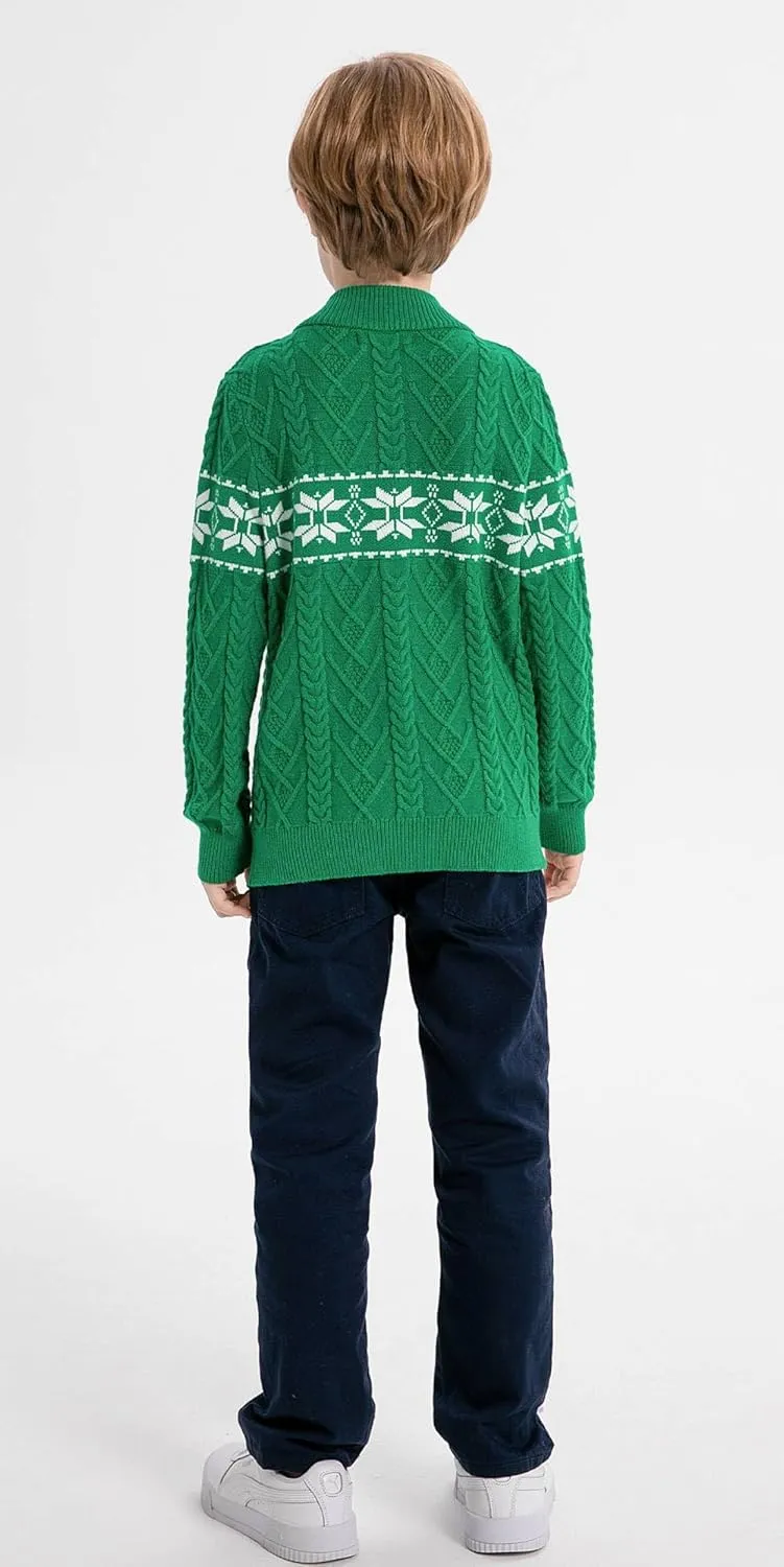 SMILING PINKER Boys Christmas Sweater Cable Knit Half Zip Mock Neck Snowflake Pullover