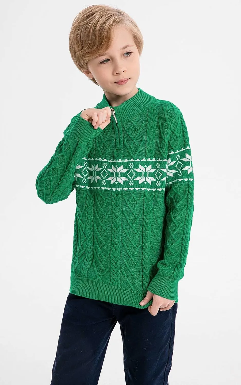 SMILING PINKER Boys Christmas Sweater Cable Knit Half Zip Mock Neck Snowflake Pullover