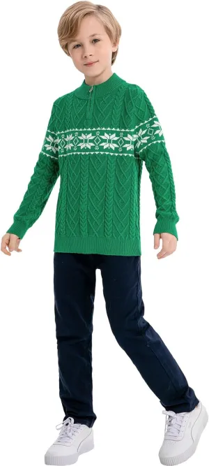 SMILING PINKER Boys Christmas Sweater Cable Knit Half Zip Mock Neck Snowflake Pullover