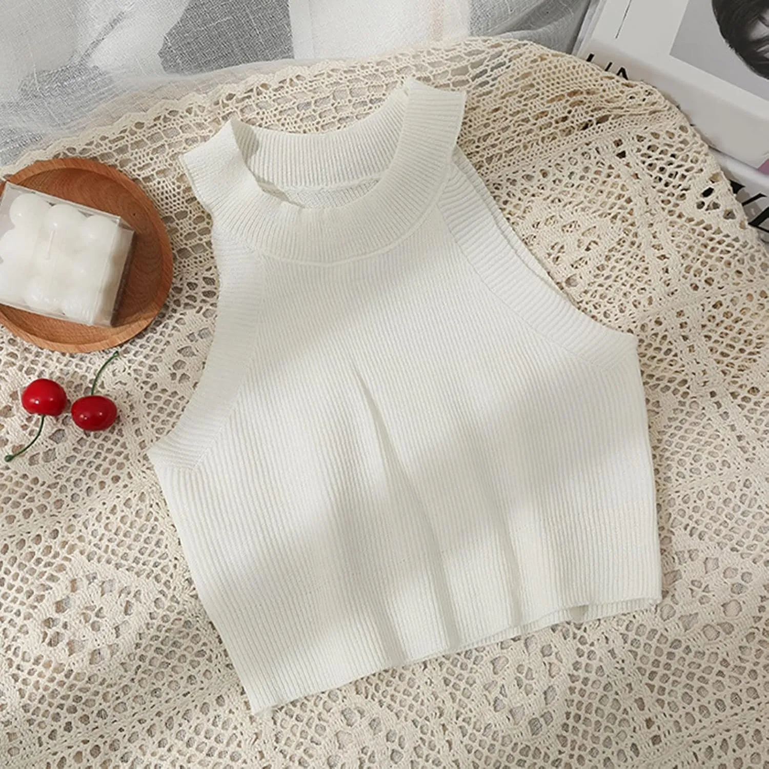 Solid Color Knitted Ice Silk Hanging Neck Style Off The Shoulder Super Short Top Spring And Summer Leather Tube