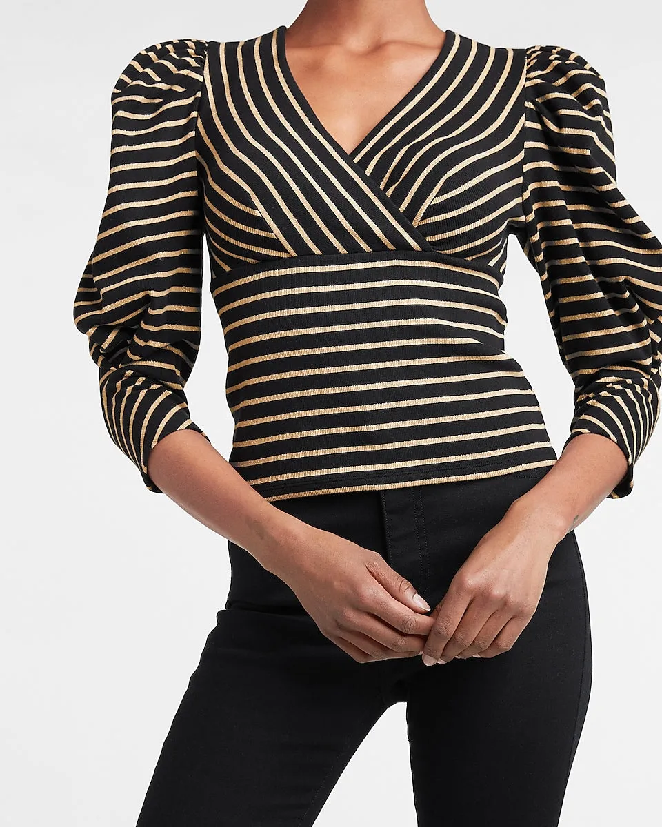 Striped Puff Sleeve Wrap Top in Metallic Black