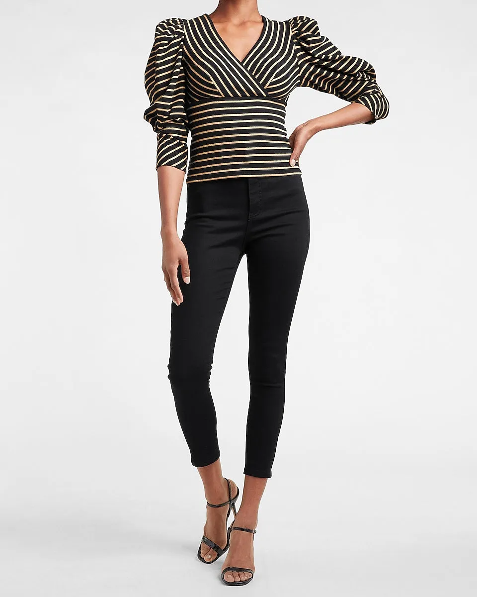 Striped Puff Sleeve Wrap Top in Metallic Black