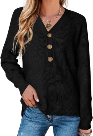 Sweater Button Up Women Henley Long Sleeve Sweater Pullover Fall 2024 Elegant Button V Neck Pullover, Small-3X-Large