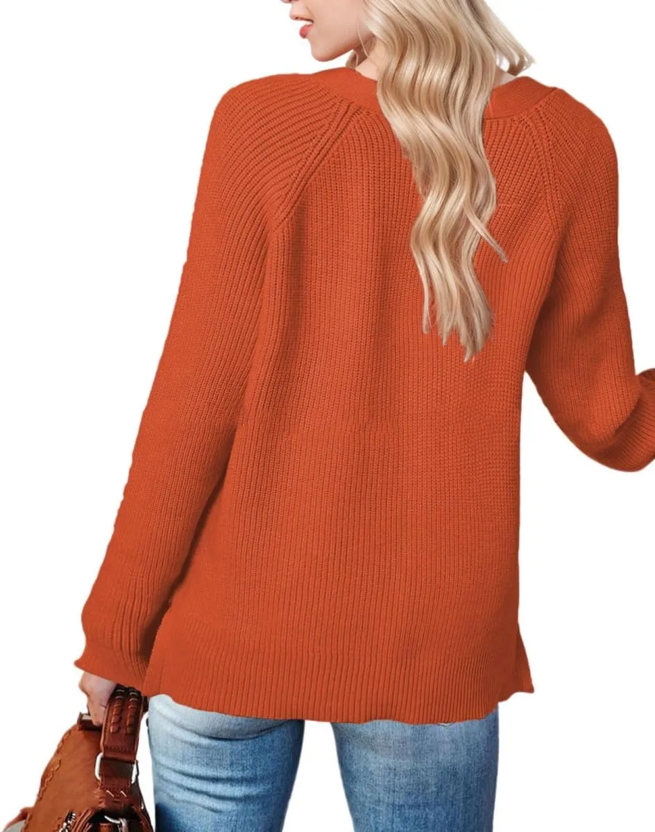 Sweater Button Up Women Henley Long Sleeve Sweater Pullover Fall 2024 Elegant Button V Neck Pullover, Small-3X-Large