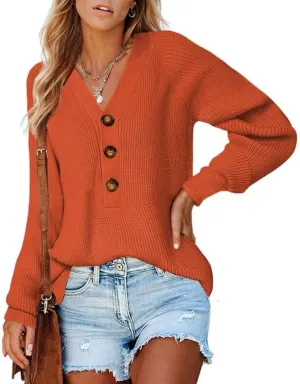 Sweater Button Up Women Henley Long Sleeve Sweater Pullover Fall 2024 Elegant Button V Neck Pullover, Small-3X-Large