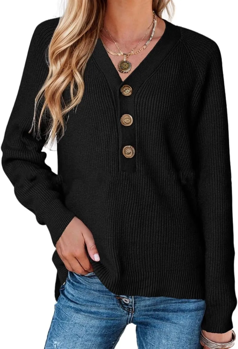 Sweater Button Up Women Henley Long Sleeve Sweater Pullover Fall 2024 Elegant Button V Neck Pullover, Small-3X-Large