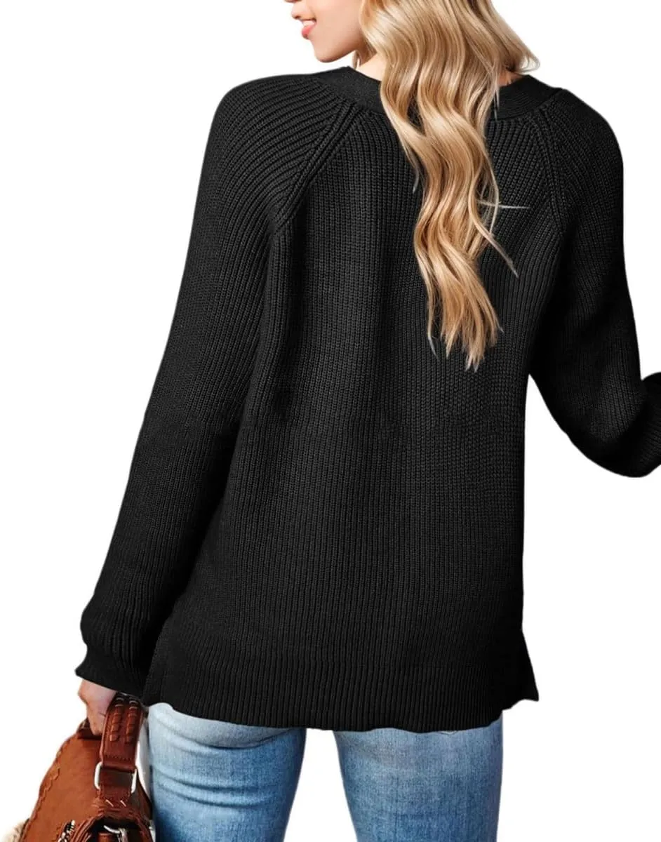 Sweater Button Up Women Henley Long Sleeve Sweater Pullover Fall 2024 Elegant Button V Neck Pullover, Small-3X-Large