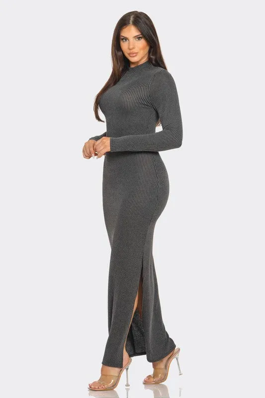 Two Toned Striped Pattern Dress with Side Slit