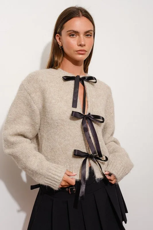 Waitlist 11/27 ♥ Lara Long Sleeve Satin Bow Tie Knit Cardigan Taupe