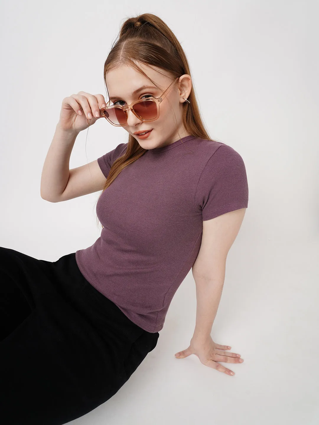 Women Slim Fit Mauve Crop Rib T-Shirt