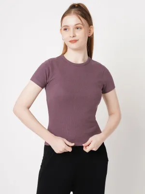 Women Slim Fit Mauve Crop Rib T-Shirt