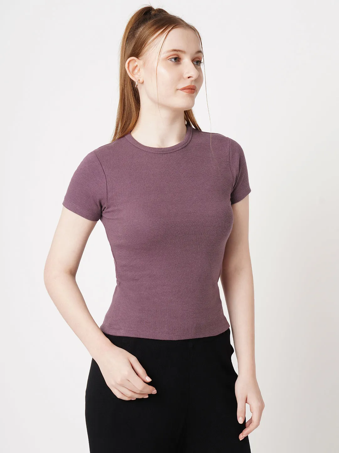 Women Slim Fit Mauve Crop Rib T-Shirt