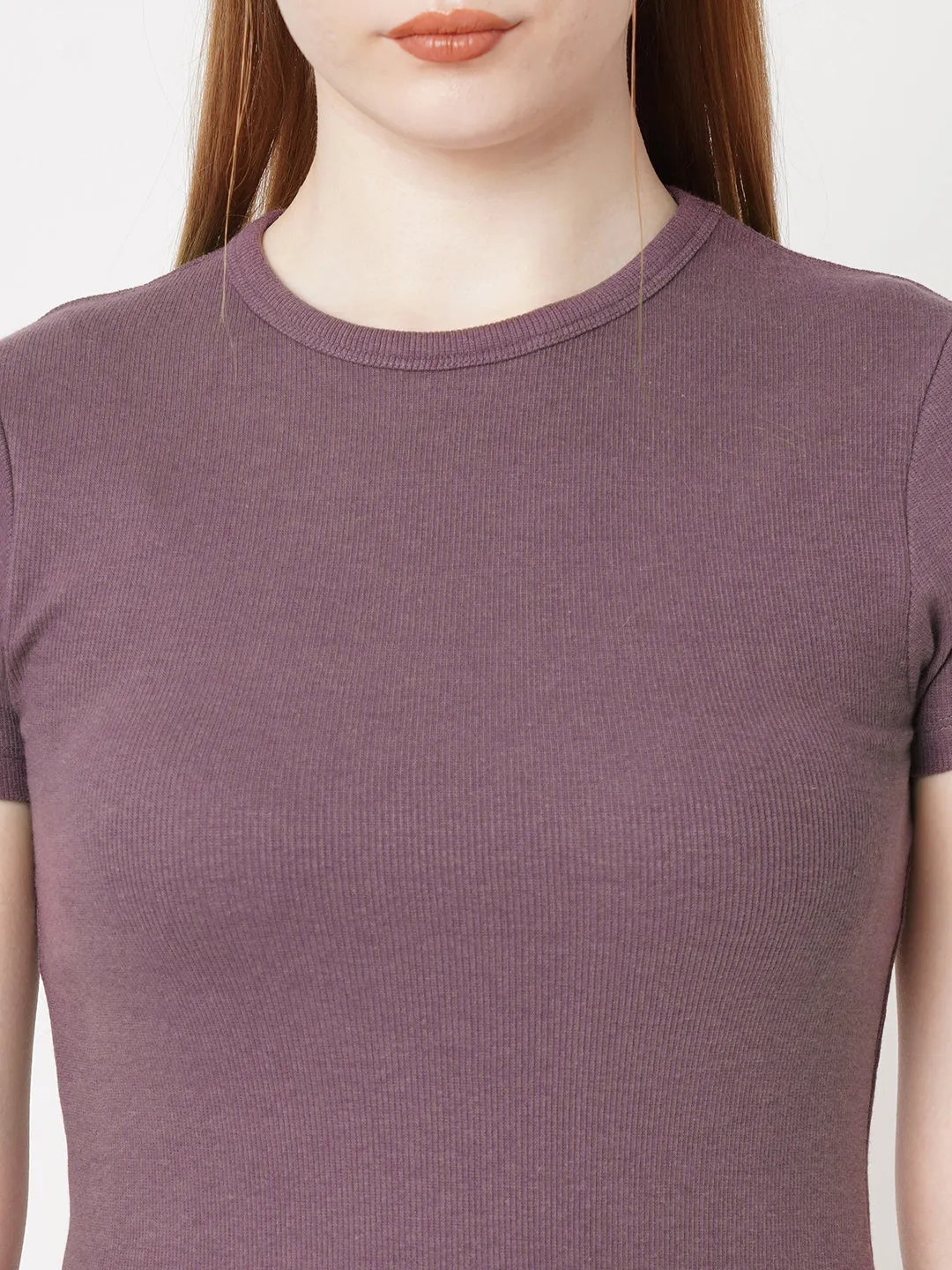 Women Slim Fit Mauve Crop Rib T-Shirt