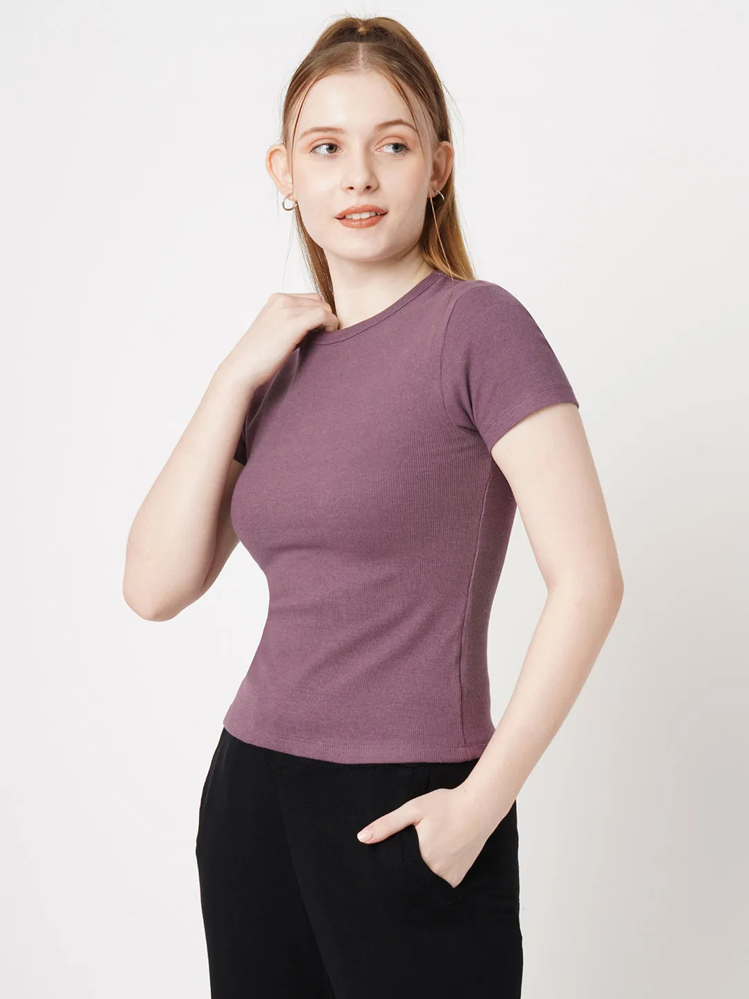 Women Slim Fit Mauve Crop Rib T-Shirt