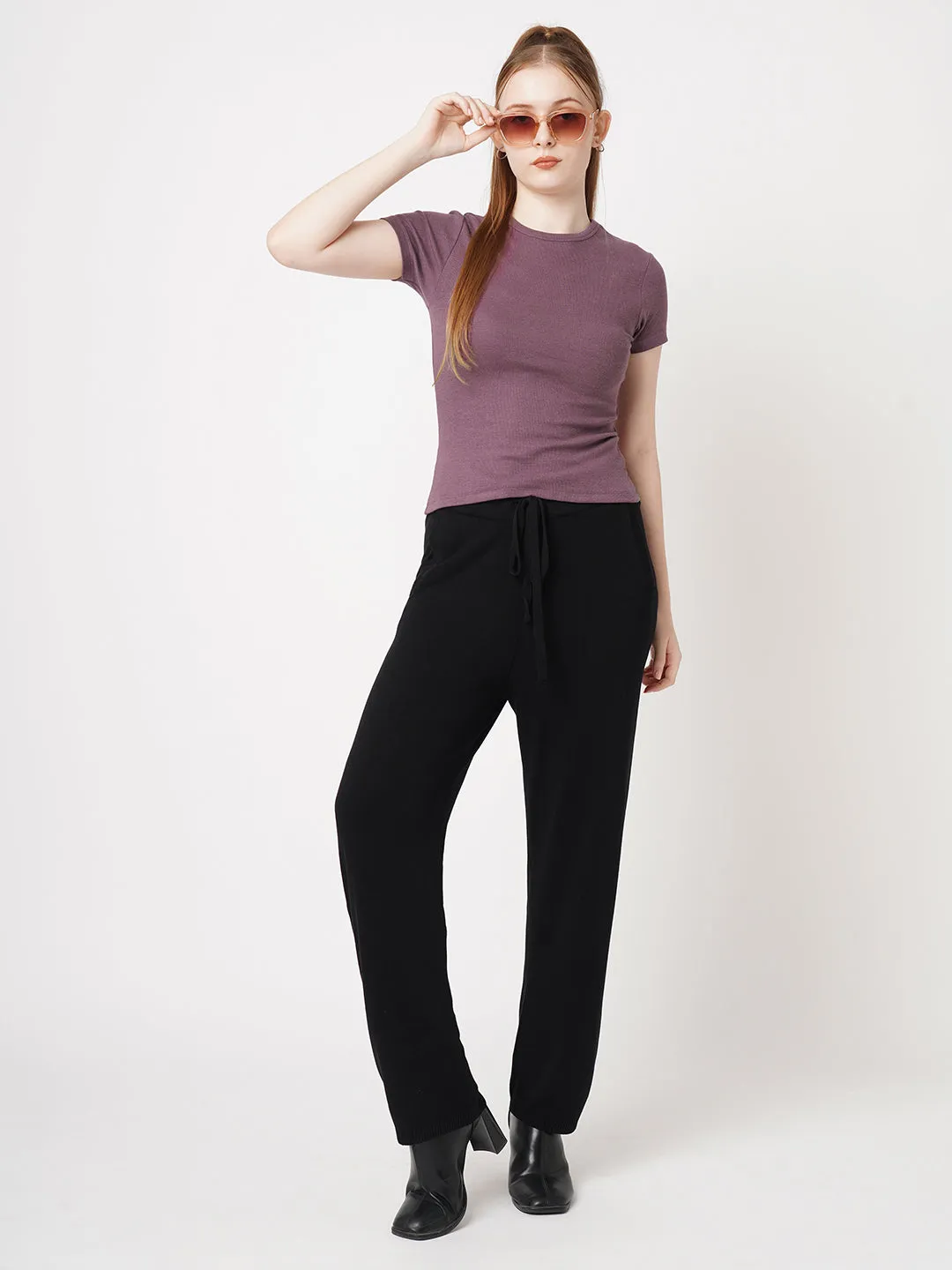 Women Slim Fit Mauve Crop Rib T-Shirt