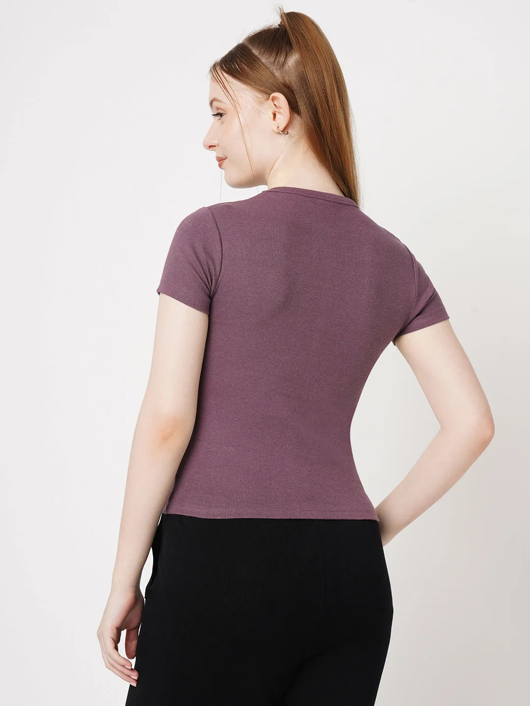 Women Slim Fit Mauve Crop Rib T-Shirt
