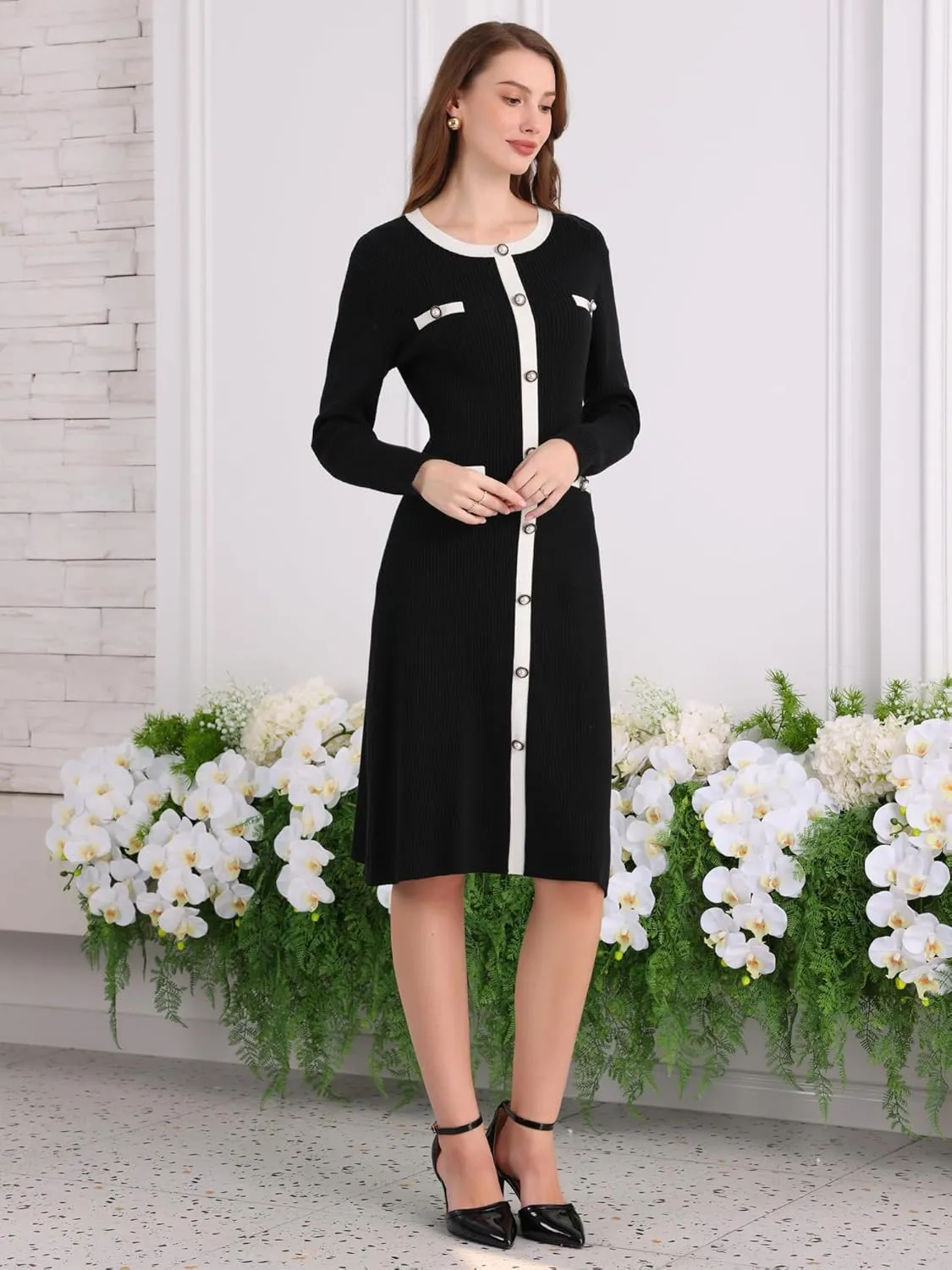 Women's Midi Dress Knit Long Sleeve Sweater Dresses