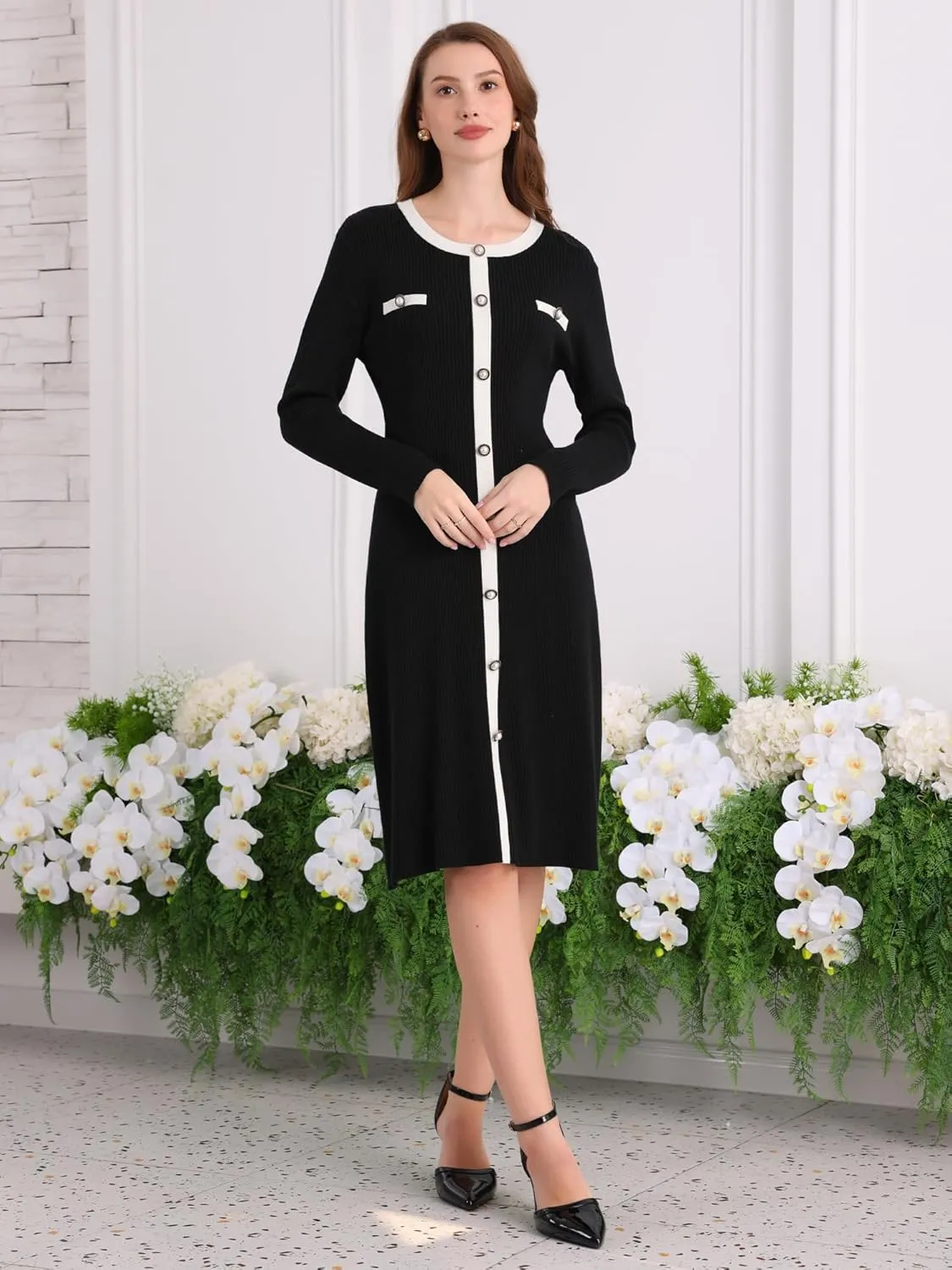Women's Midi Dress Knit Long Sleeve Sweater Dresses