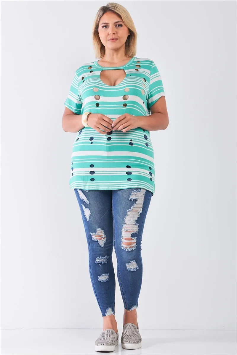 Women's Plus Striped And Distressed Cut-out Top