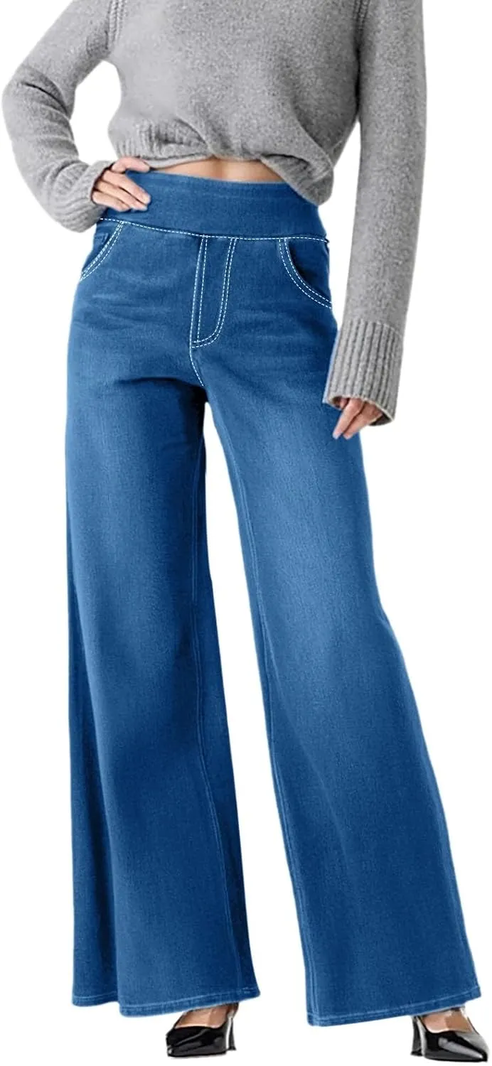 Womens Sweatpant Jeans Sweatpants That Look Like Jeans High Waisted Stretchy Pull On Wide Leg Denim Pants with Pocket