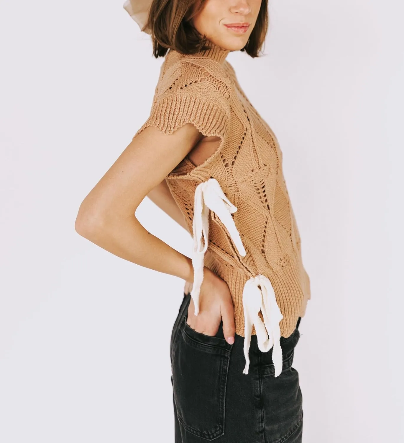 Womens Y2k Lace Up Ribbon Sweater Vest with Bow Twist Mock Neck Crochet Tank Cute Cap Sleeve Cable Knit Sweater Top