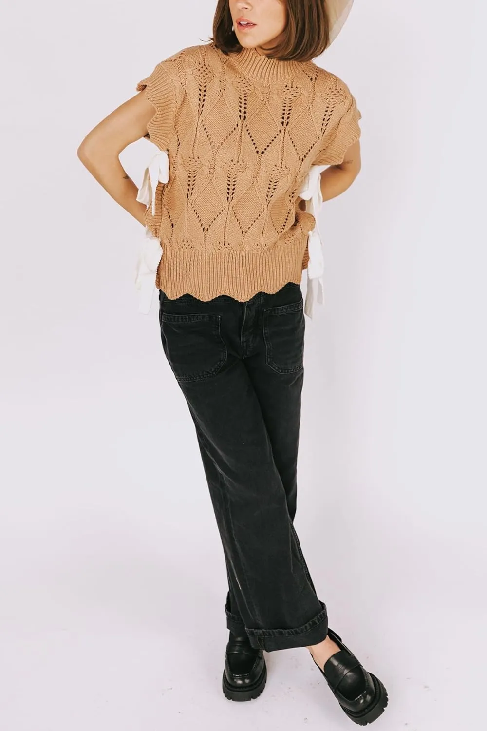 Womens Y2k Lace Up Ribbon Sweater Vest with Bow Twist Mock Neck Crochet Tank Cute Cap Sleeve Cable Knit Sweater Top