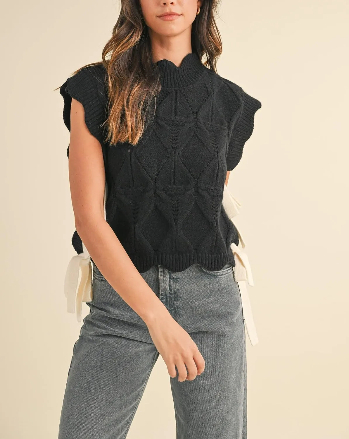 Womens Y2k Lace Up Ribbon Sweater Vest with Bow Twist Mock Neck Crochet Tank Cute Cap Sleeve Cable Knit Sweater Top