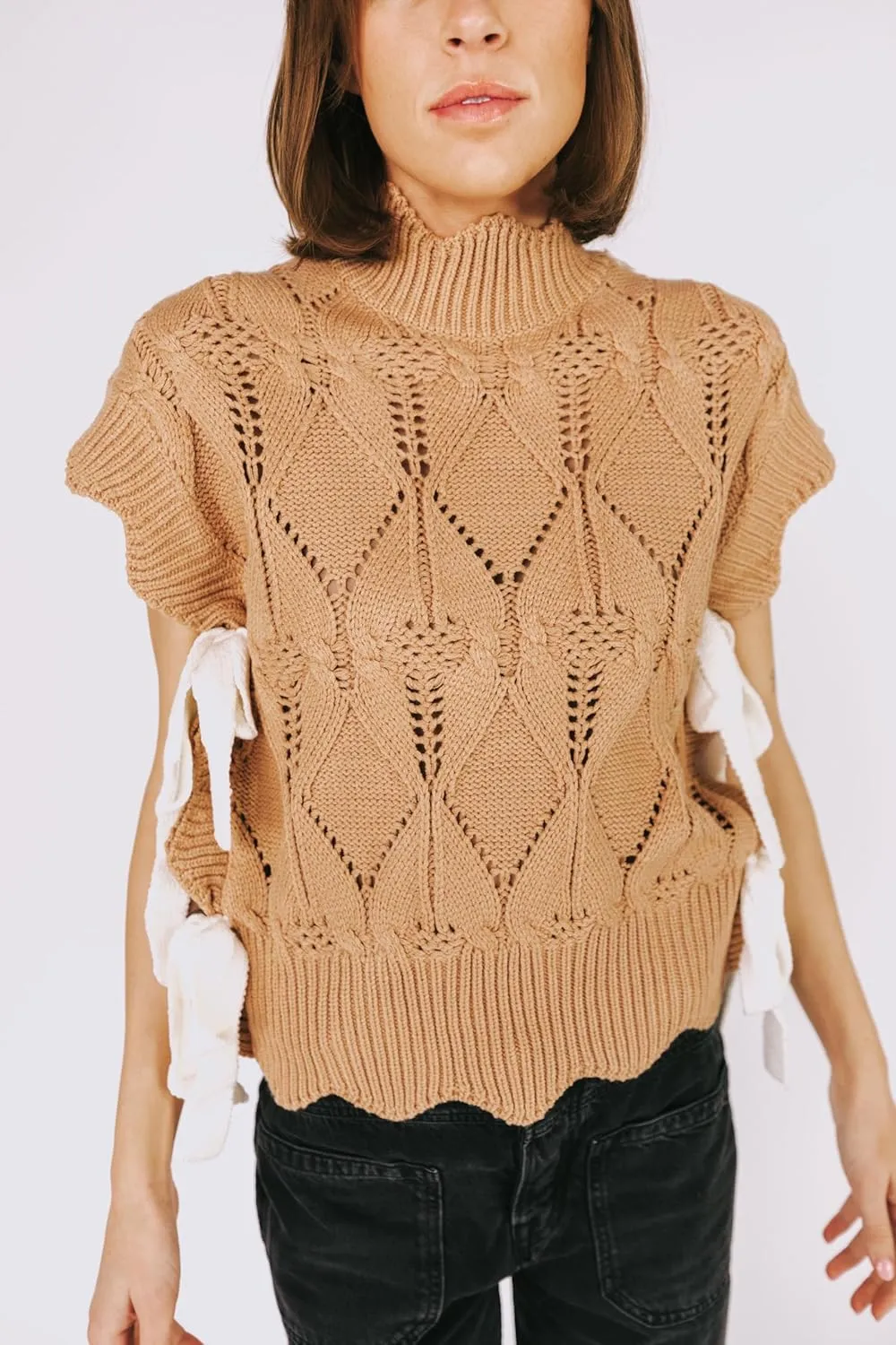 Womens Y2k Lace Up Ribbon Sweater Vest with Bow Twist Mock Neck Crochet Tank Cute Cap Sleeve Cable Knit Sweater Top