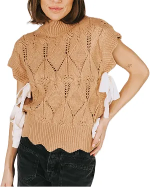 Womens Y2k Lace Up Ribbon Sweater Vest with Bow Twist Mock Neck Crochet Tank Cute Cap Sleeve Cable Knit Sweater Top