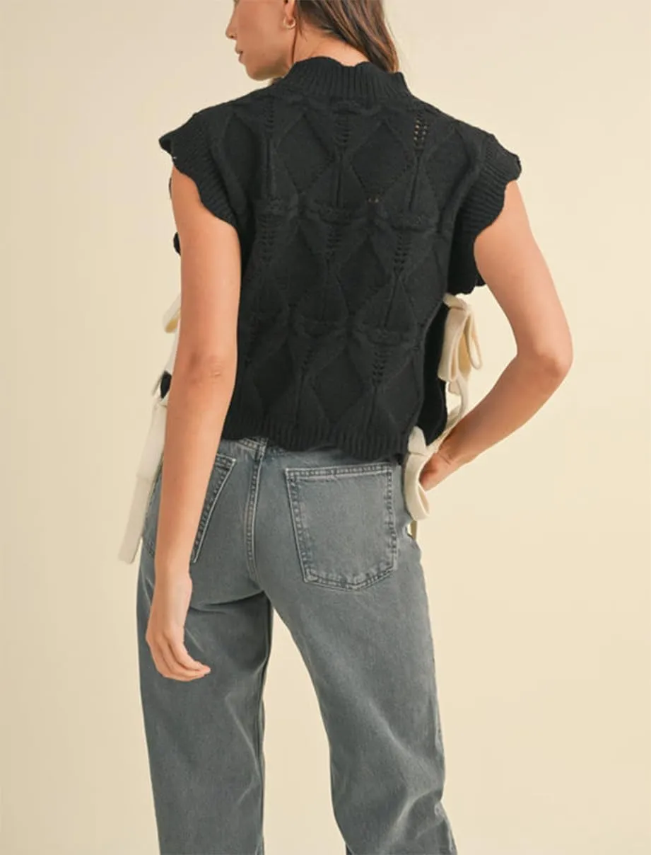 Womens Y2k Lace Up Ribbon Sweater Vest with Bow Twist Mock Neck Crochet Tank Cute Cap Sleeve Cable Knit Sweater Top
