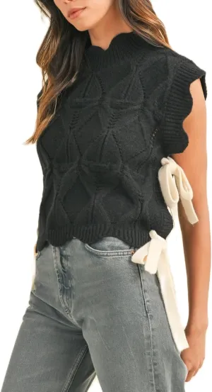 Womens Y2k Lace Up Ribbon Sweater Vest with Bow Twist Mock Neck Crochet Tank Cute Cap Sleeve Cable Knit Sweater Top