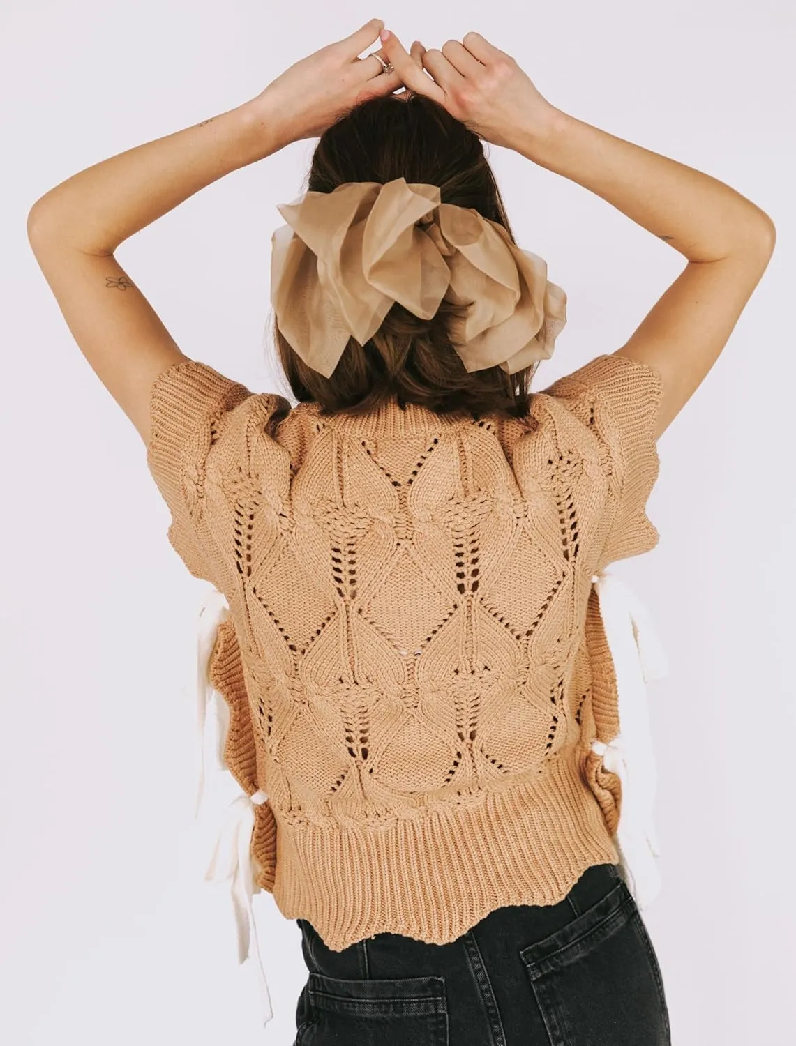 Womens Y2k Lace Up Ribbon Sweater Vest with Bow Twist Mock Neck Crochet Tank Cute Cap Sleeve Cable Knit Sweater Top