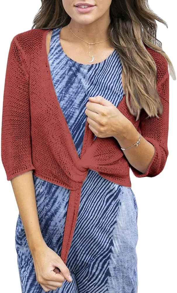 YeMgSiP Women's Tie Front Shrug 3/4 Sleeve Bolero Sheer Knotted Lightweight Cardigan Sweaters Short Shawl Tops