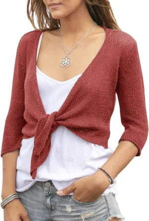 YeMgSiP Women's Tie Front Shrug 3/4 Sleeve Bolero Sheer Knotted Lightweight Cardigan Sweaters Short Shawl Tops
